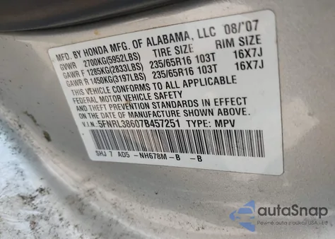 2007 Honda Odyssey Ex-L z USA, uszkodzony, nr VIN 5FNRL38607B457251